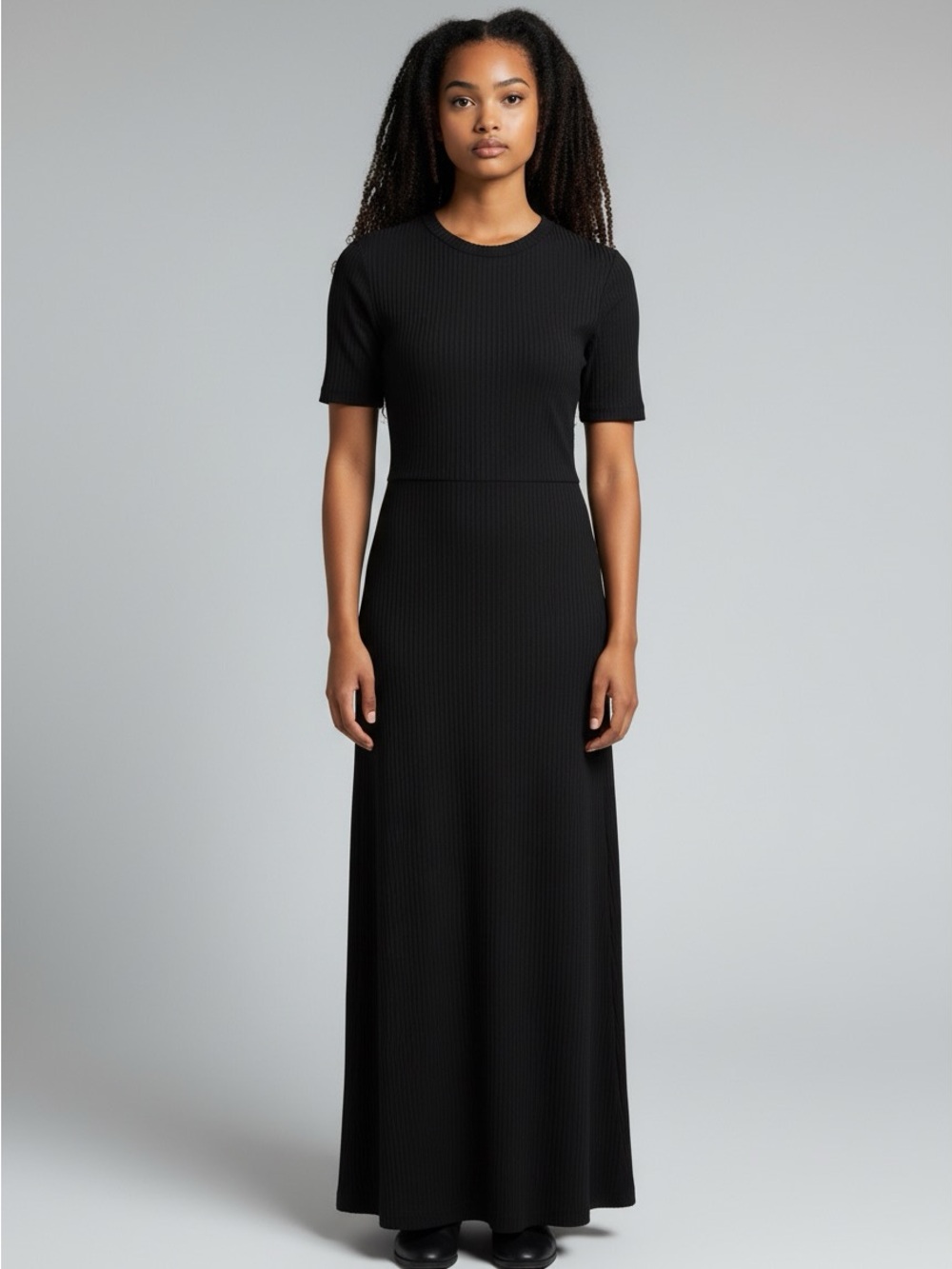 Topshop Womens US 2 Black Maxi Dress Short Sleeve‎ Crew Neck Side Slit NWT